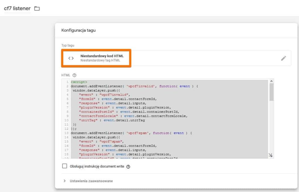Odbiornik CF7 jako niestandardowy kod HTML w GTM