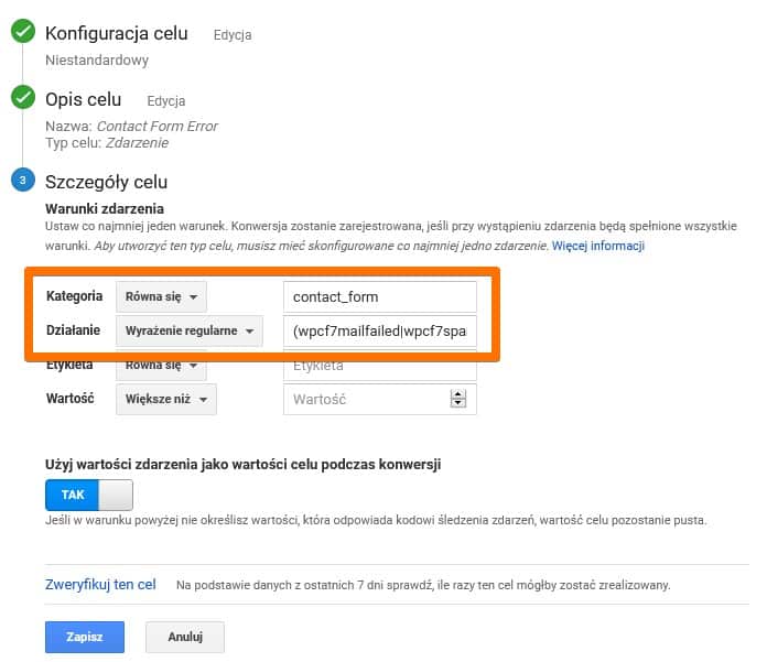 Konfiguracja błędu formularza jako cel w Google Analytics (Universal)