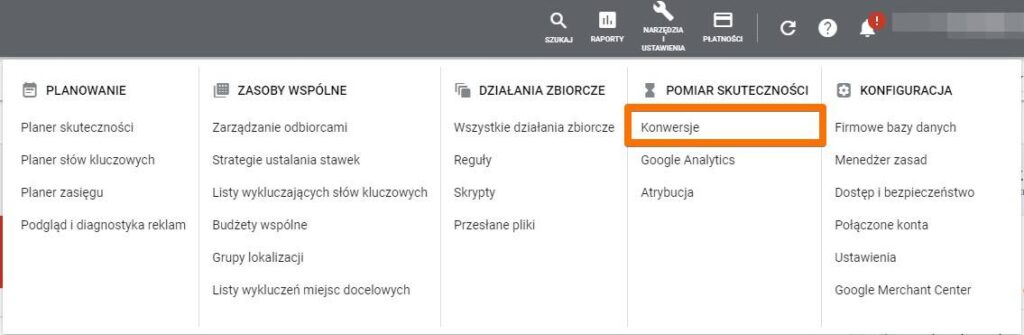 Panel konwersji w Google Ads