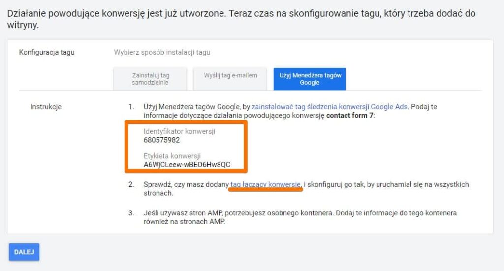 Identyfikator i etykieta konwersji przesłania formularza