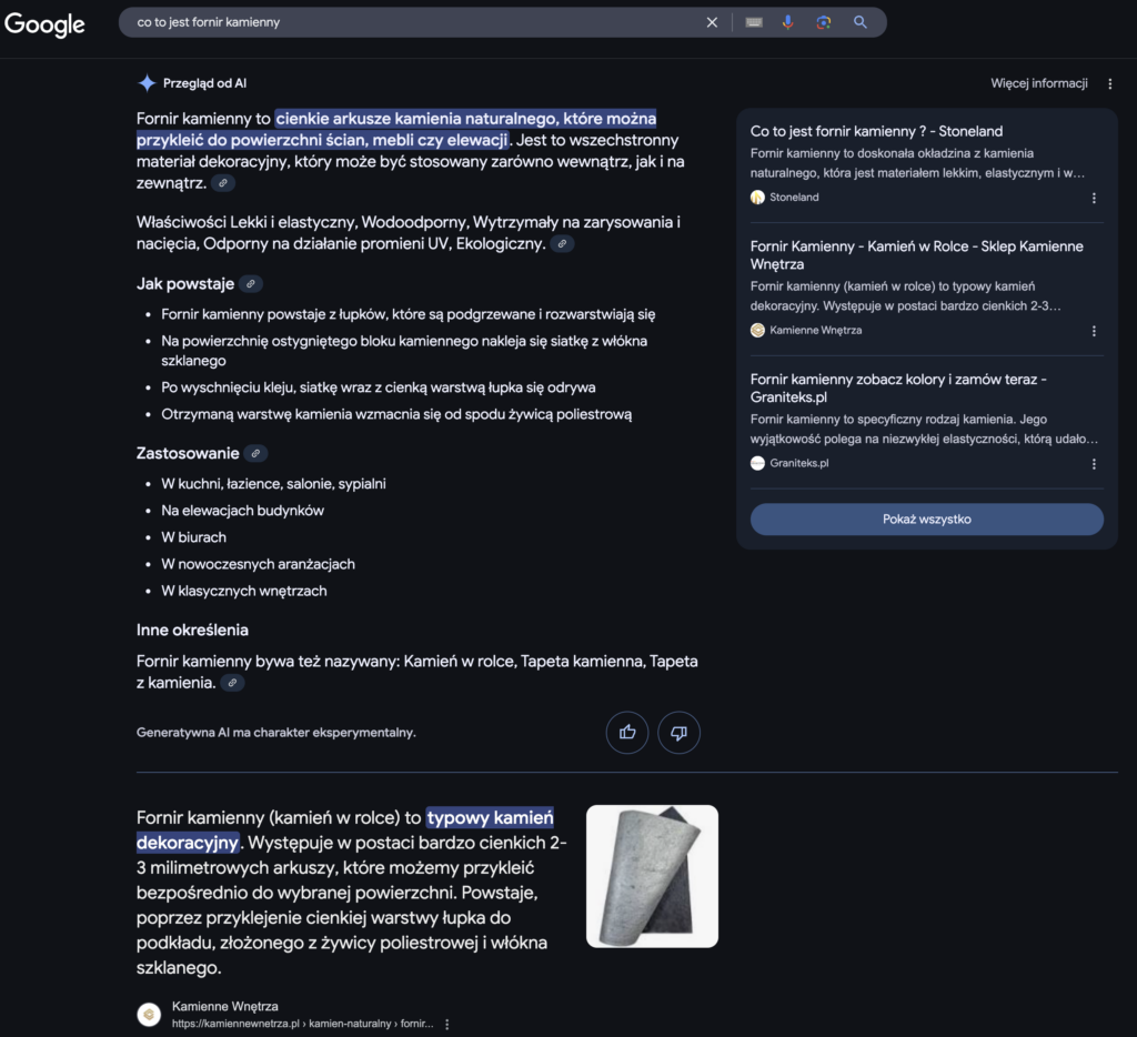 Przykładowy wynik AI Overviews dla zapytania o fronir kamienny