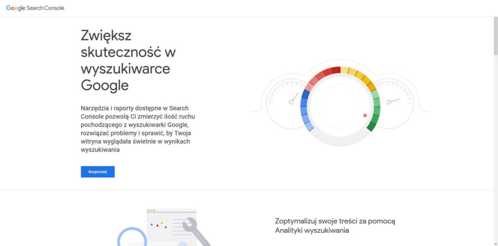 Dodawanie strony do Google Search Console - ekran główny