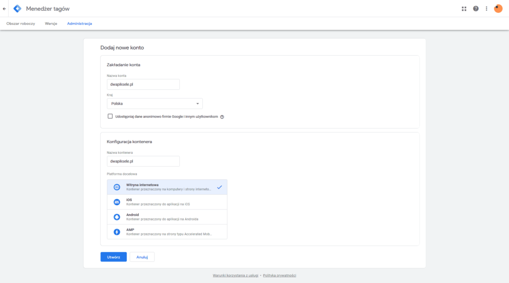 Tworzenie konta i kontenera w Tag Manager