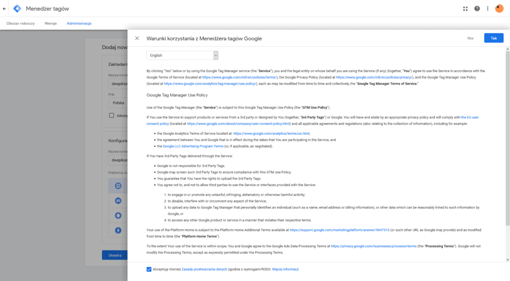 Warunki korzystania z Menadżera tagów Google
