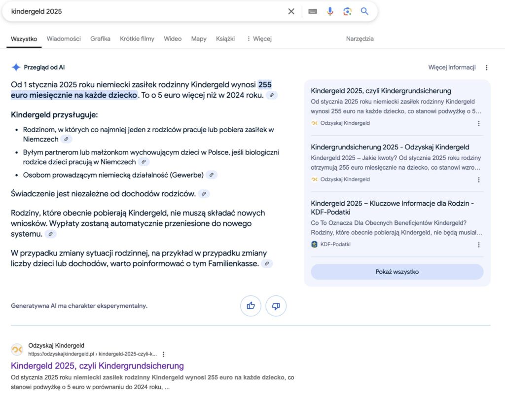 Przykładowy wynik Google AI Overveiws dla zapytania o Kindergeld 2025