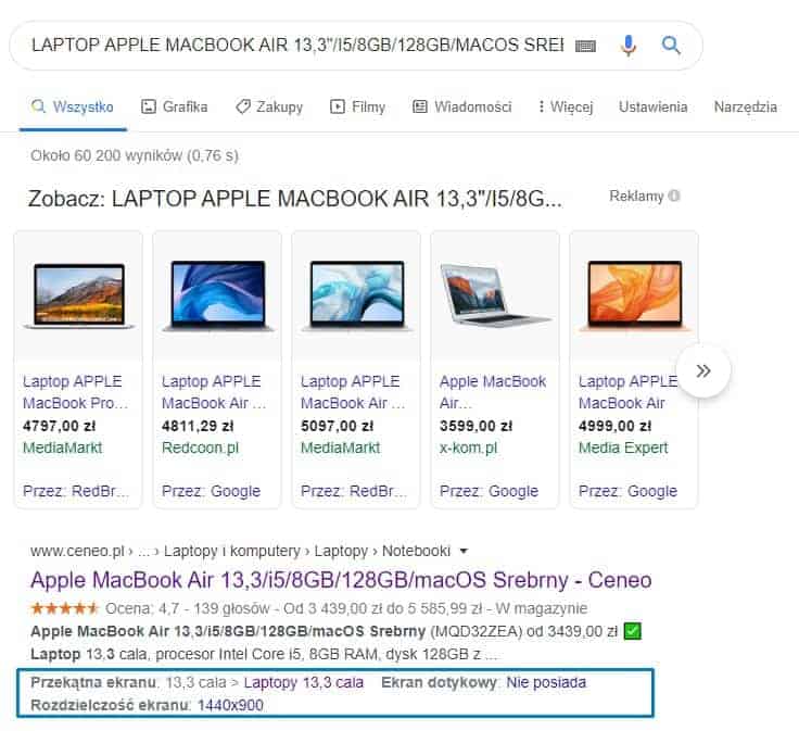 Wynik wyszukiwania Macbook w Ceneo i linki wewnętrzne w SERP