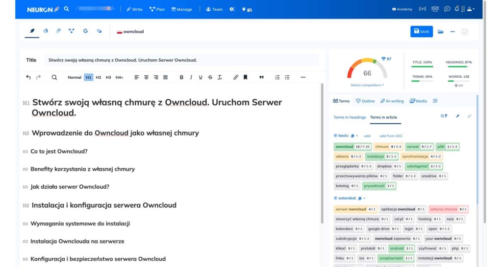 NeuronWriter. Tekst po wstawieniu nagłówków i rekomendacje SEO