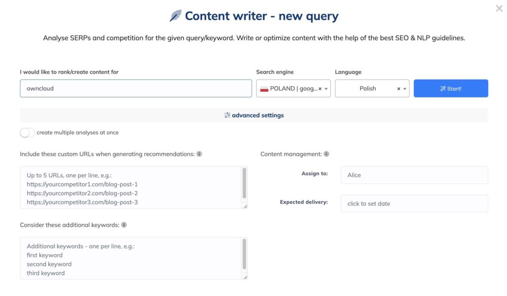 NeuronWriter - tworzenie nowej analizy