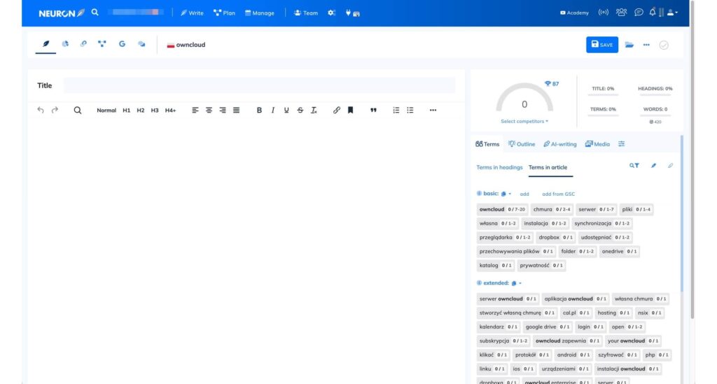 Neuron - pusty edytor treści