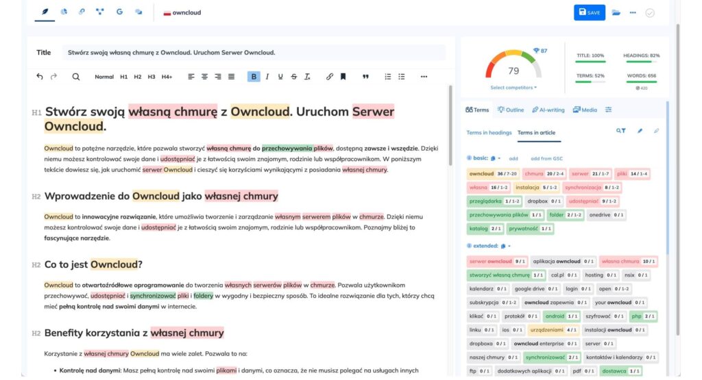 NeuronWriter - rekomendacje SEO do tekstu