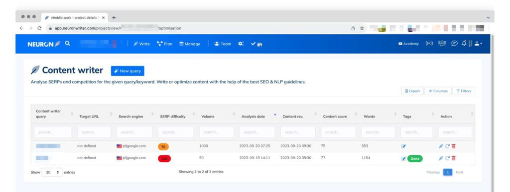 Neuron - widok stworzonych treści - Content writer