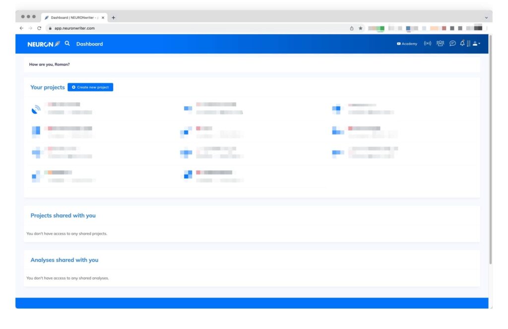 Neuron Writer Widok Projektów