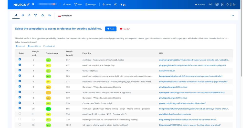 NeuronWriter - wybór konkrentów
