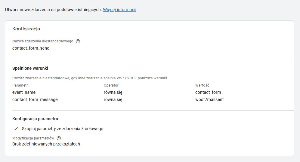 Ustawienia zdarzenia GA4 dla przesłania formularza