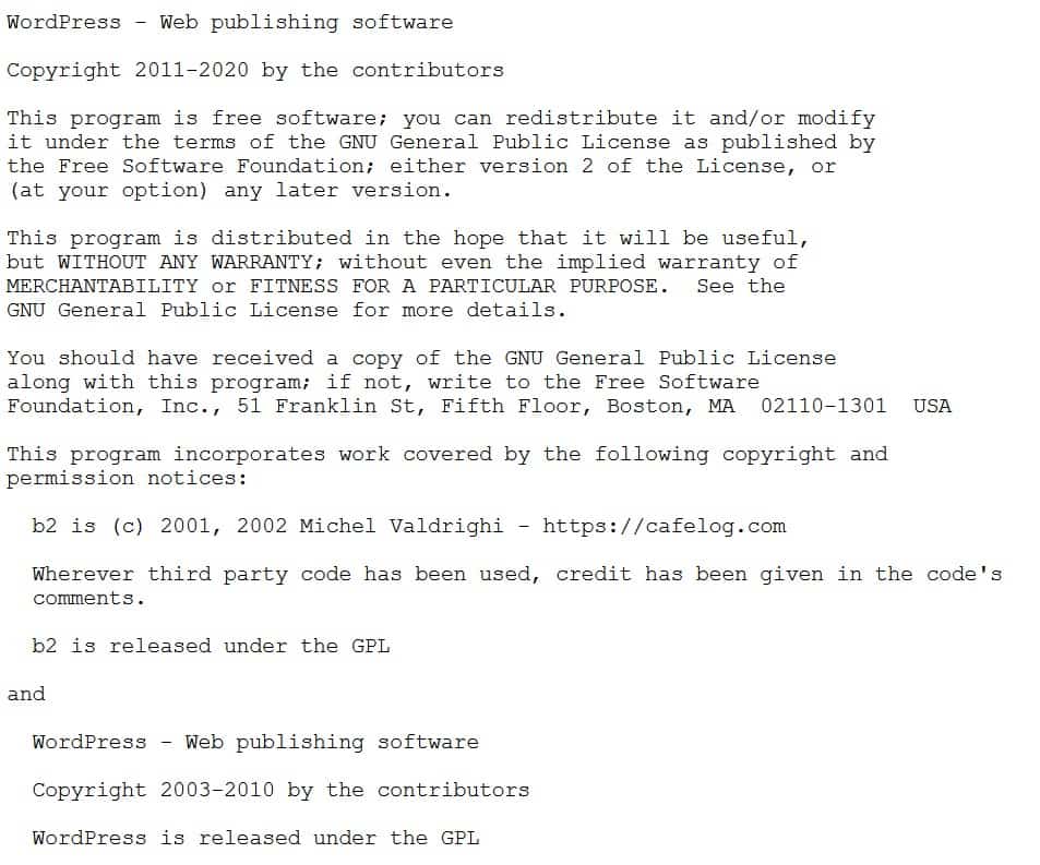 Fragment pliku license.txt w WordPress