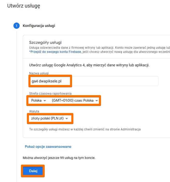 Konfiguracja Usługi Google Analytics 4 - szczegóły usługi
