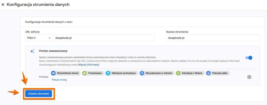Tworzenia strumienia danych w Google Analytics 4