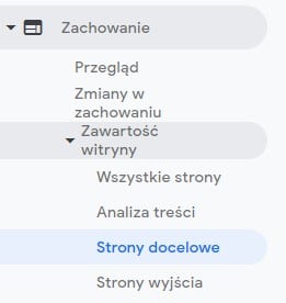 Zakładka  stron docelowych w Google Analytics